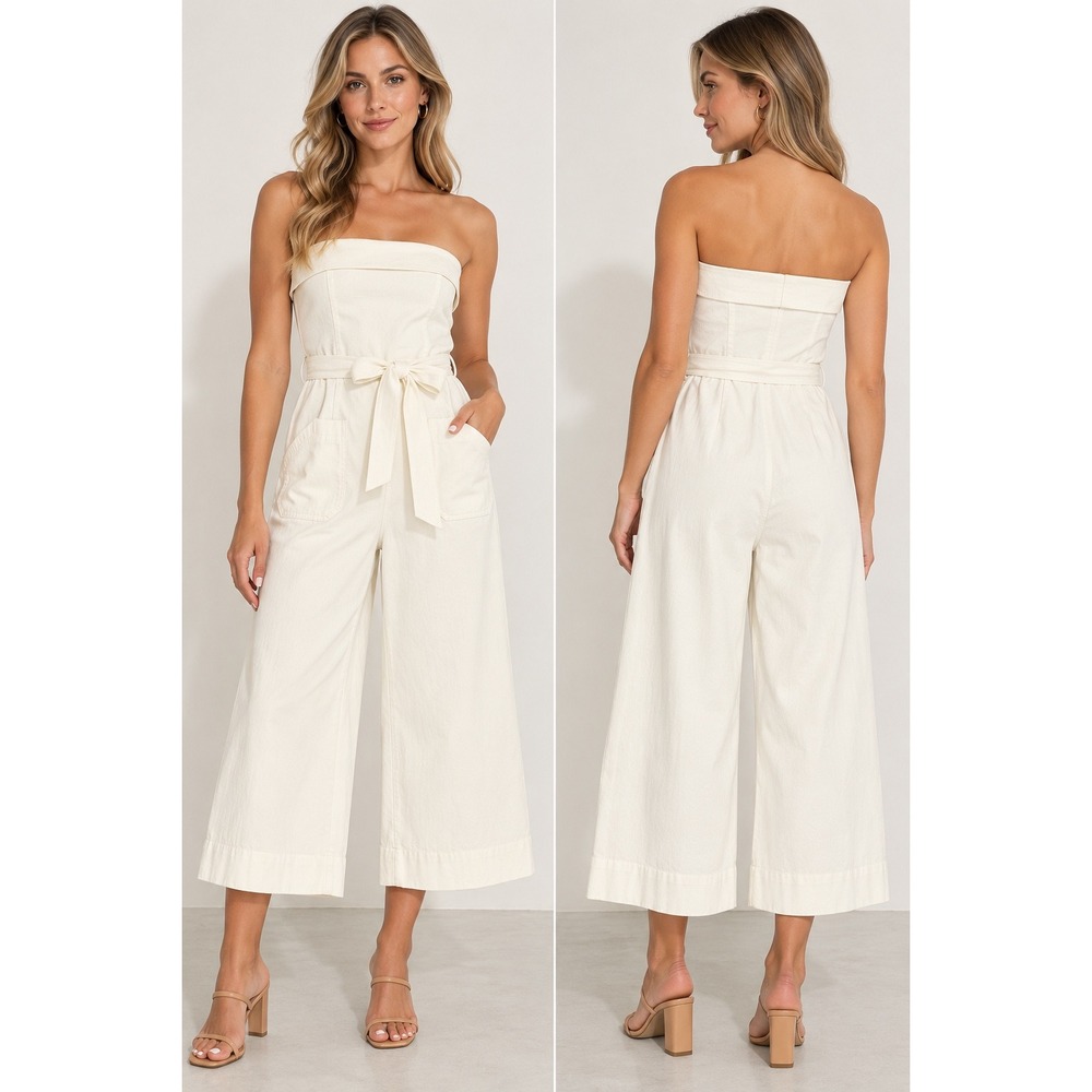 Entro White Strapless Jumpsuit Cropped Wide Leg Tie Waist Pockets Size M